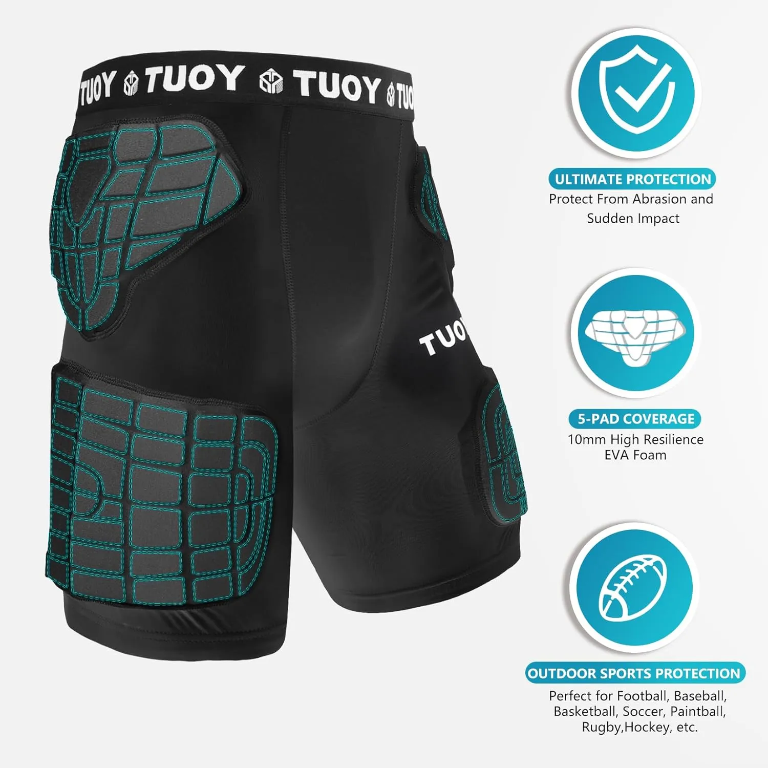 TUOY Adult Padded Compression Shorts 5-Pad Football Girdle Hip Thigh Protector