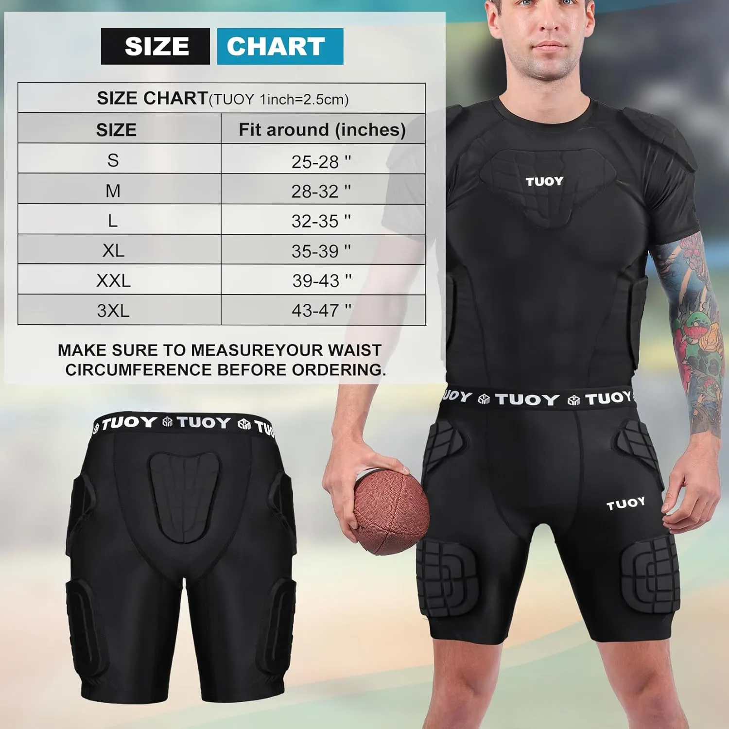 TUOY Adult Padded Compression Shorts 5-Pad Football Girdle Hip Thigh Protector