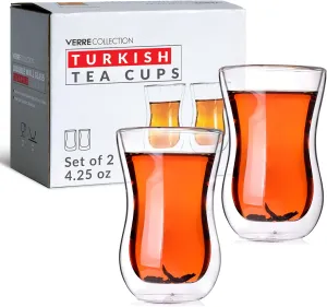 Turkish Tea Cups 4.25 oz, Lightweight Turkish Tea Glasses, Heat Resistant Double Wall Tea Cups, Insulated Turkish Tea Set of 2