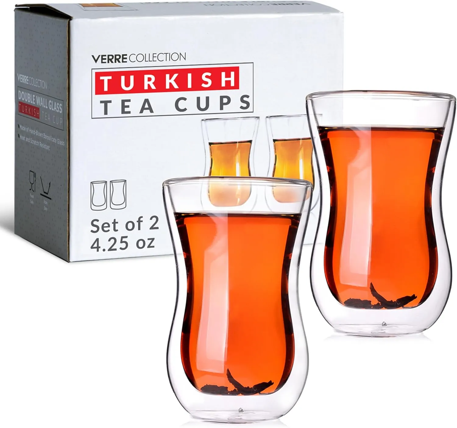 Turkish Tea Cups 4.25 oz, Lightweight Turkish Tea Glasses, Heat Resistant Double Wall Tea Cups, Insulated Turkish Tea Set of 2