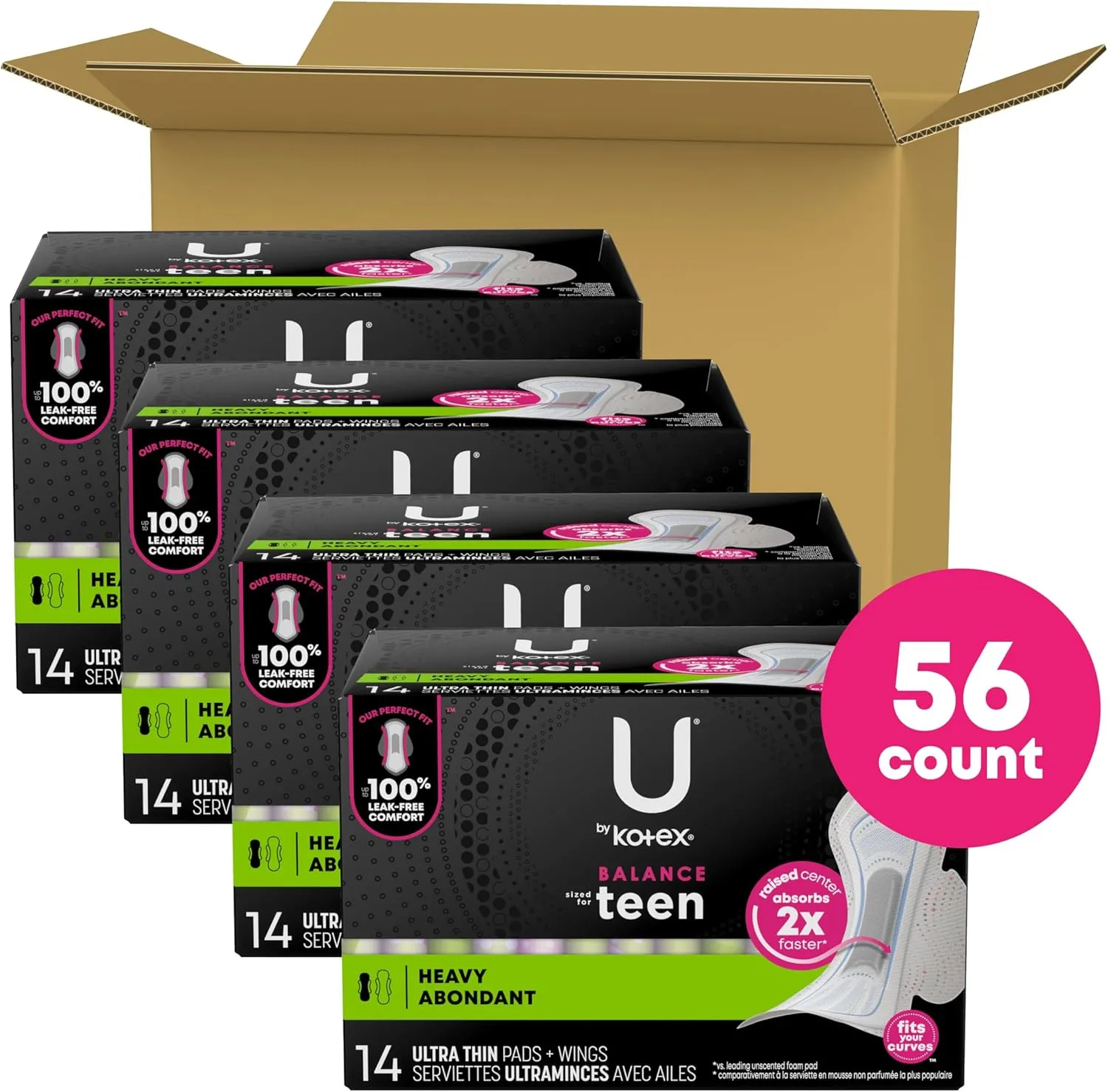 U by Kotex Balance Sized for Teens Ultra Thin Pads with Wings, Heavy Absorbency, 56 Count (4 Packs of 14) (Packaging May Vary)
