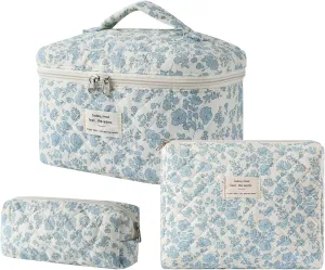 uekeboag Large Travel Quilted Makeup Bag for Women, Floral Cotton Cosmetic Bag, Coquette Aesthetic Floral Toiletry Organizer Bag