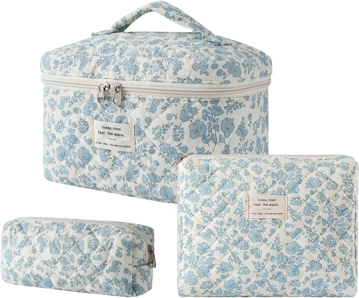 uekeboag Large Travel Quilted Makeup Bag for Women, Floral Cotton Cosmetic Bag, Coquette Aesthetic Floral Toiletry Organizer Bag