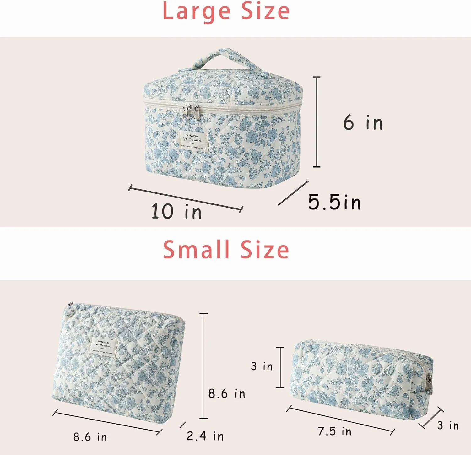 uekeboag Large Travel Quilted Makeup Bag for Women, Floral Cotton Cosmetic Bag, Coquette Aesthetic Floral Toiletry Organizer Bag