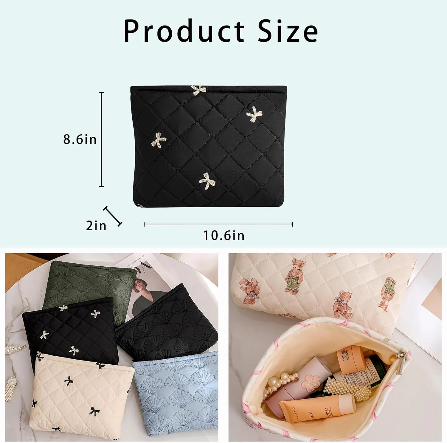 uekeboag Quilted Floral Cotton Makeup Pouch,Coquette Quilted Cosmetic Bag for Women and Girls, Aesthetic Organizer Bag, Flower Cute Travel Toiletry Bags(14Black Bow)