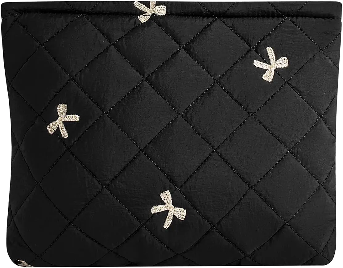 uekeboag Quilted Floral Cotton Makeup Pouch,Coquette Quilted Cosmetic Bag for Women and Girls, Aesthetic Organizer Bag, Flower Cute Travel Toiletry Bags(14Black Bow)