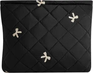 uekeboag Quilted Floral Cotton Makeup Pouch,Coquette Quilted Cosmetic Bag for Women and Girls, Aesthetic Organizer Bag, Flower Cute Travel Toiletry Bags(14Black Bow)