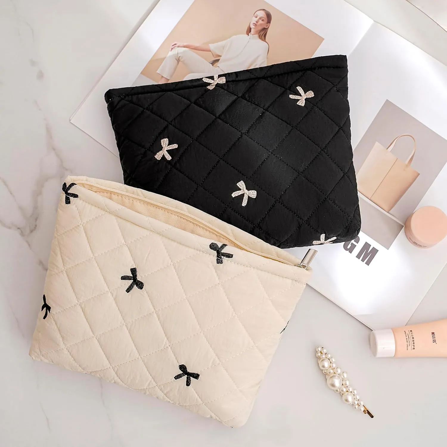 uekeboag Quilted Floral Cotton Makeup Pouch,Coquette Quilted Cosmetic Bag for Women and Girls, Aesthetic Organizer Bag, Flower Cute Travel Toiletry Bags(14Black Bow)