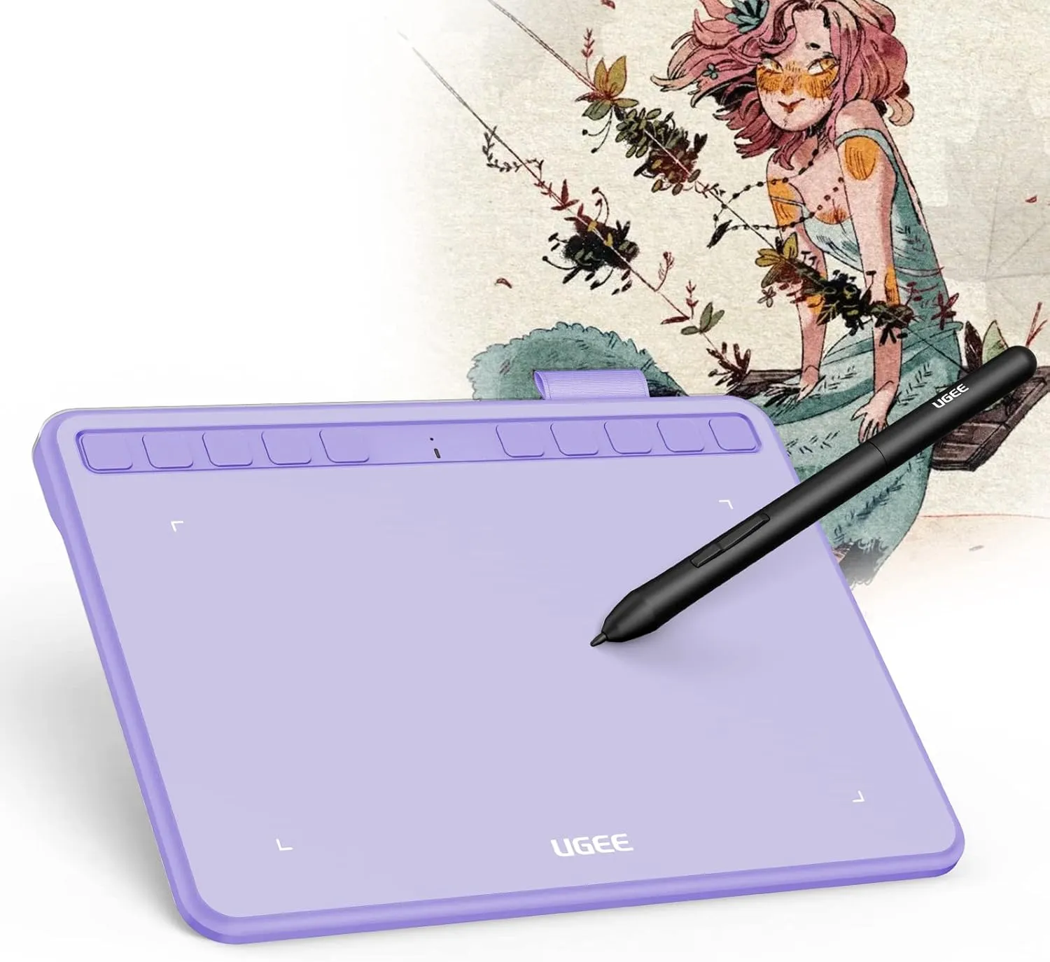 Ugee Drawing Tablet 6.5x4 Inches Computer Graphics Tablets with 10 Hot Keys，Digital Tablet Battery-Free Stylus 8192 Pressure Sensitivity 60°Tilt Function Drawing Pad for PC,Mac,Windows,Android-Purple