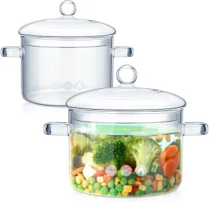 Uiifan 2 Pcs Glass Cooking Pot with Cover and Handle Heat Resistant 44 oz and 50 oz Glass Cookware Set Clear Simmer Pot Handmade Glass Saucepan for Noodles Soup Tea Milk Pasta