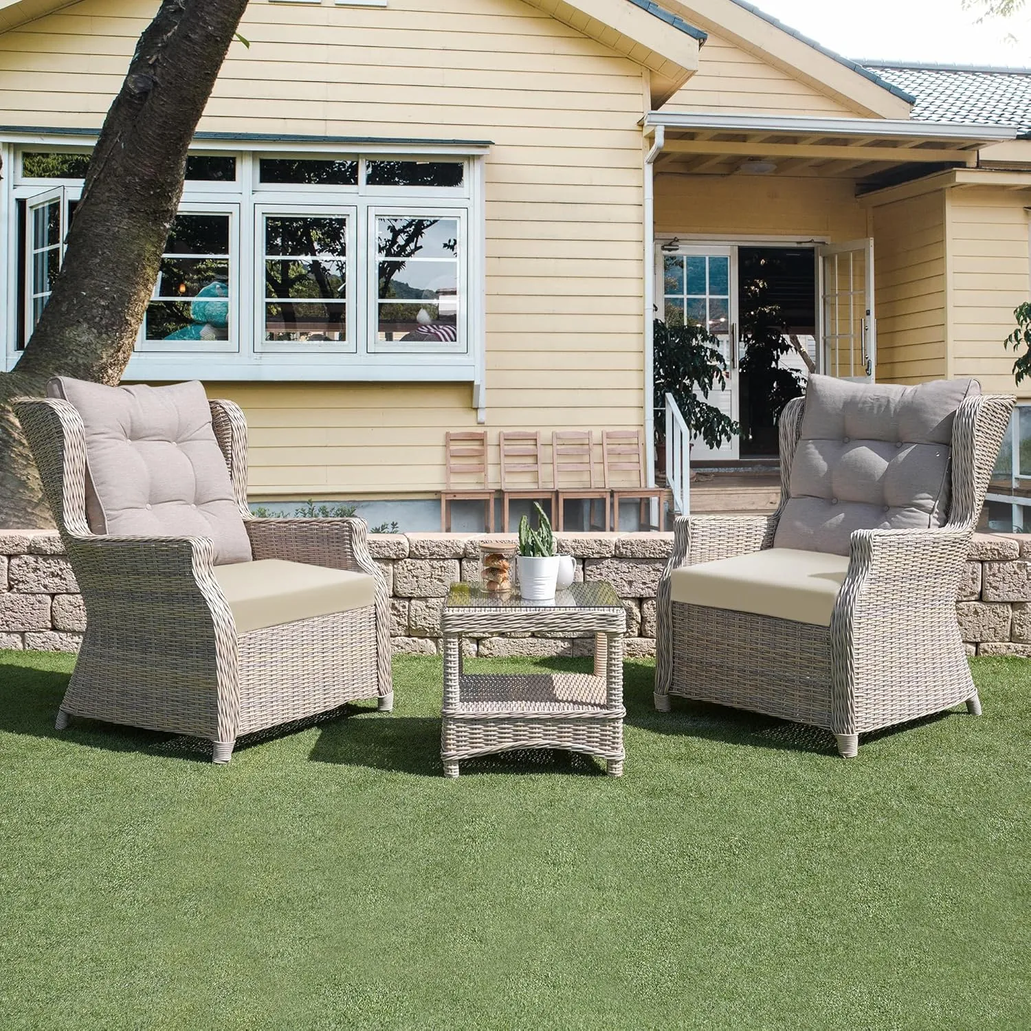 UNIKOME Outdoor Chair Cushions Pack of 4, Water Resistant Patio Cushions with Ties, High Density Sponge Filling Square Corner Seat Cushions for Outdoor Furniture, 18.5"*16"*3", Beige