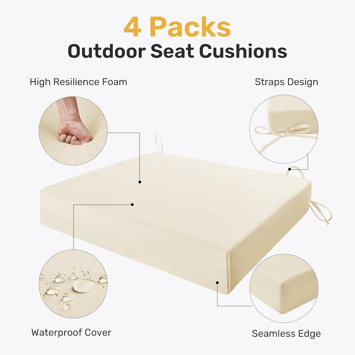 UNIKOME Outdoor Chair Cushions Pack of 4, Water Resistant Patio Cushions with Ties, High Density Sponge Filling Square Corner Seat Cushions for Outdoor Furniture, 18.5"*16"*3", Beige