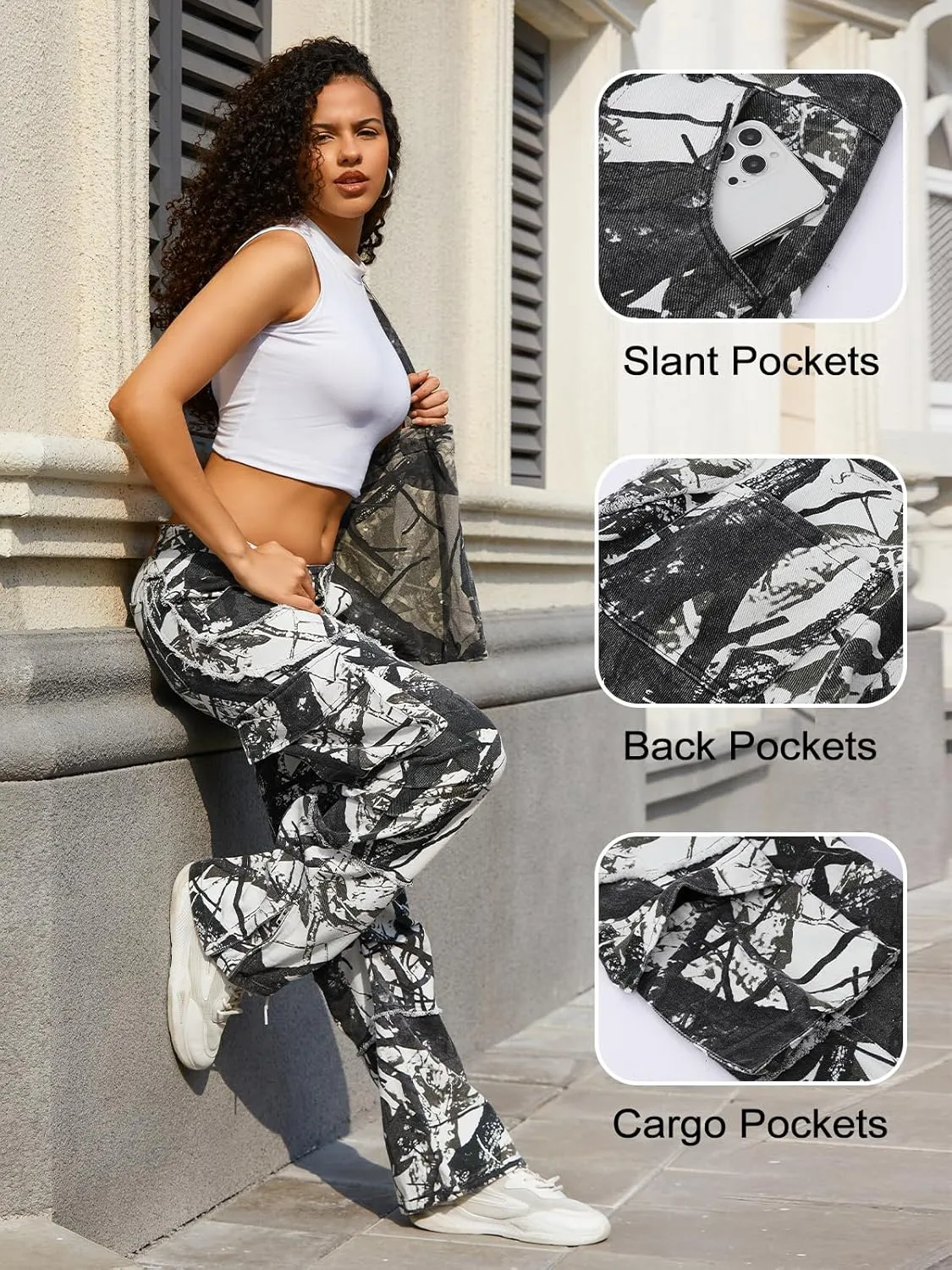 Unisex Camo Cargo Pants, Multi Pockets Raw Edge Oversized Straight Zipper Wide Legs Streetwear for Hip Hop Men Women