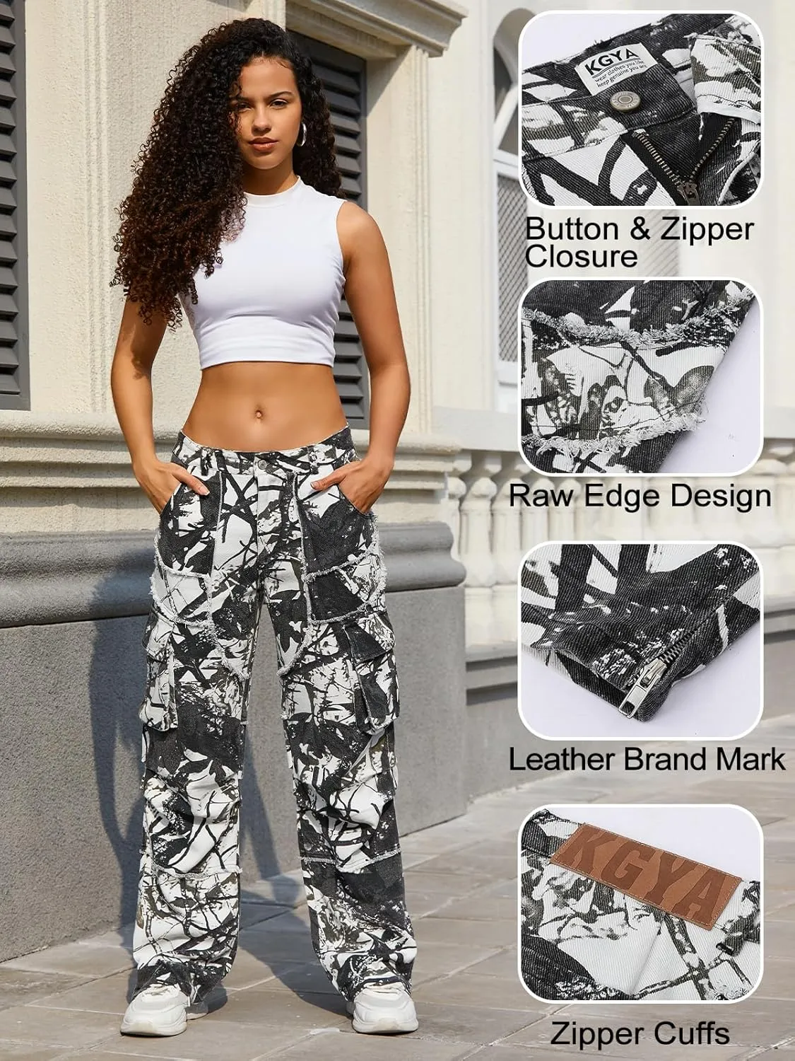 Unisex Camo Cargo Pants, Multi Pockets Raw Edge Oversized Straight Zipper Wide Legs Streetwear for Hip Hop Men Women