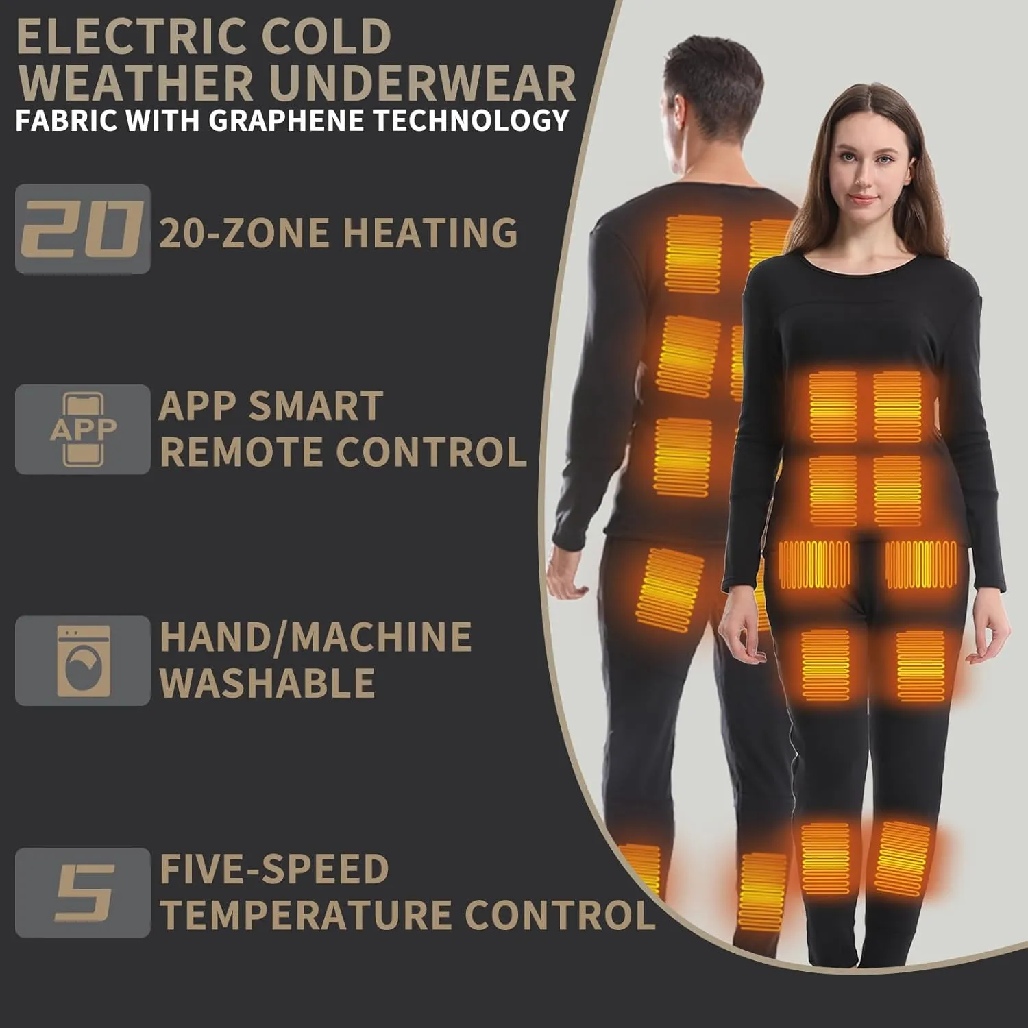 Upgraded Graphene Heated Underwear Fast Heating Power Saving Electric Long Warm Undergarments with Top and Pant