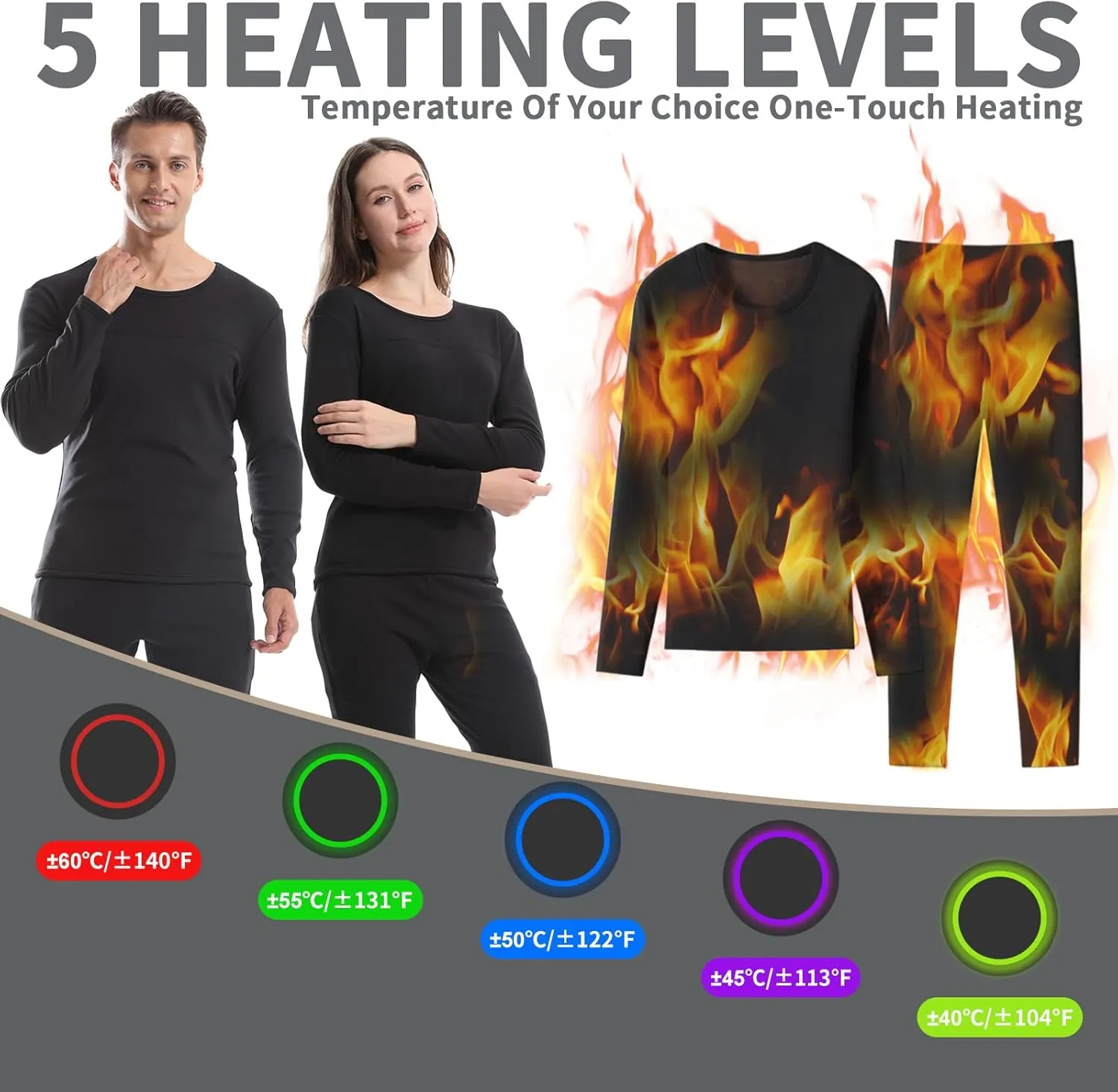 Upgraded Graphene Heated Underwear Fast Heating Power Saving Electric Long Warm Undergarments with Top and Pant