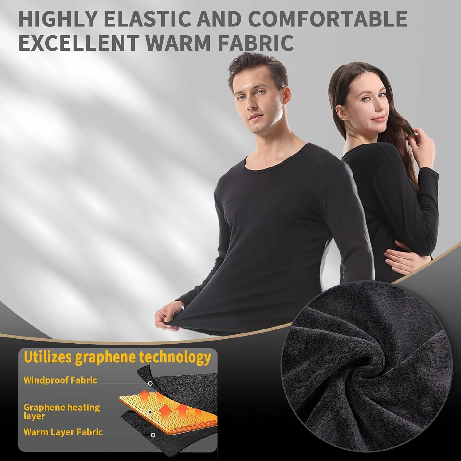 Upgraded Graphene Heated Underwear Fast Heating Power Saving Electric Long Warm Undergarments with Top and Pant