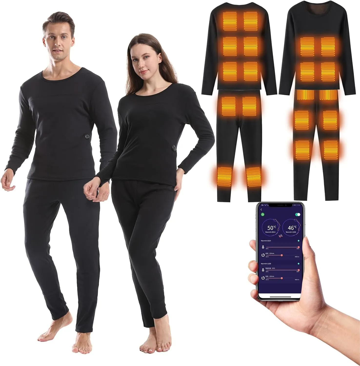 Upgraded Graphene Heated Underwear Fast Heating Power Saving Electric Long Warm Undergarments with Top and Pant