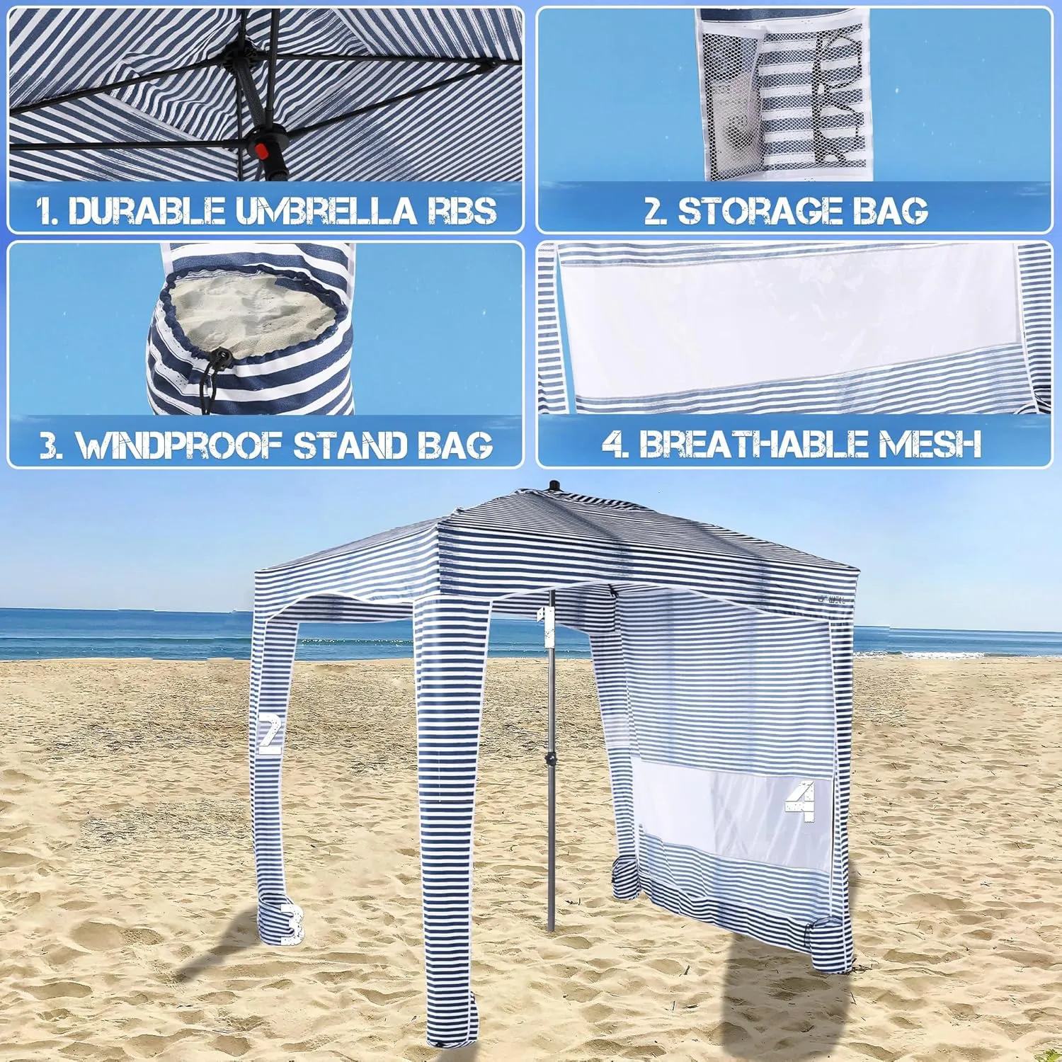 UPWELL Beach Tent Easy Set Up Canopy Sun Shelter Cool Cabana Shade with UPF 50 UV Protection Portable Beach Umbrella Outdoor Sunwall with Sand Pockets for Fishing Backyard Camping (Blue Stripe)