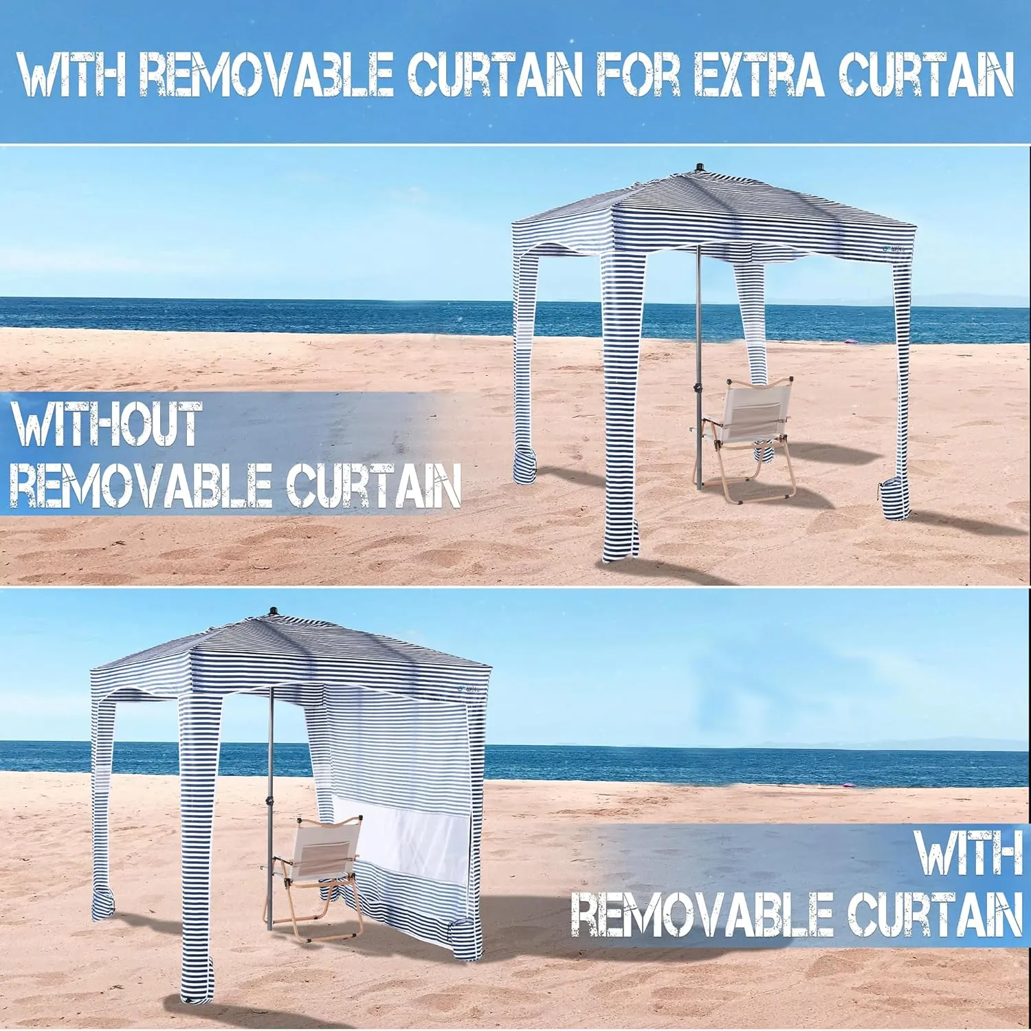 UPWELL Beach Tent Easy Set Up Canopy Sun Shelter Cool Cabana Shade with UPF 50 UV Protection Portable Beach Umbrella Outdoor Sunwall with Sand Pockets for Fishing Backyard Camping (Blue Stripe)