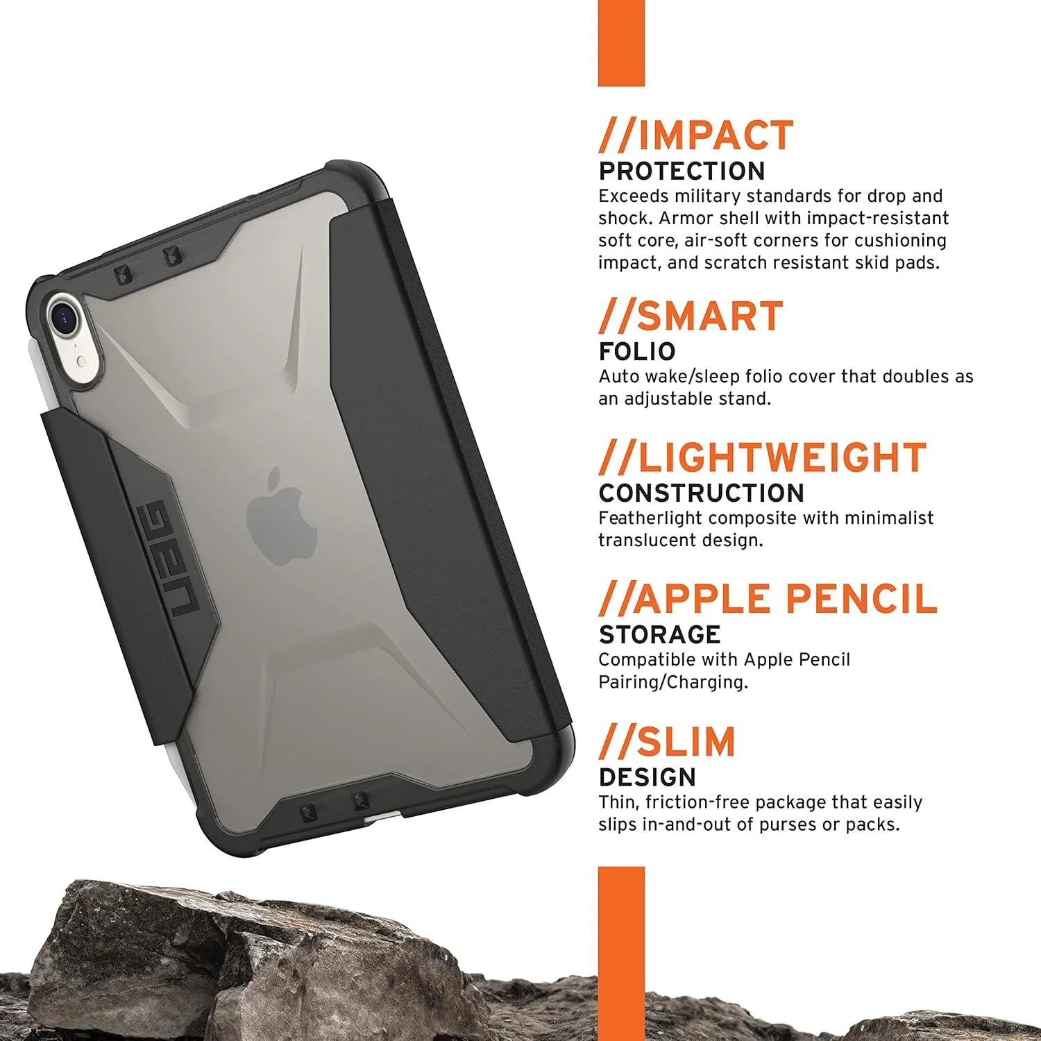 URBAN ARMOR GEAR UAG Designed for iPad mini Case (6th Gen, 2021) [8.3-inch Screen] Rugged Translucent Featherlight Multi-Angle Viewing Folio Stand with Pencil Holder Plyo Protective Cover, Ice
