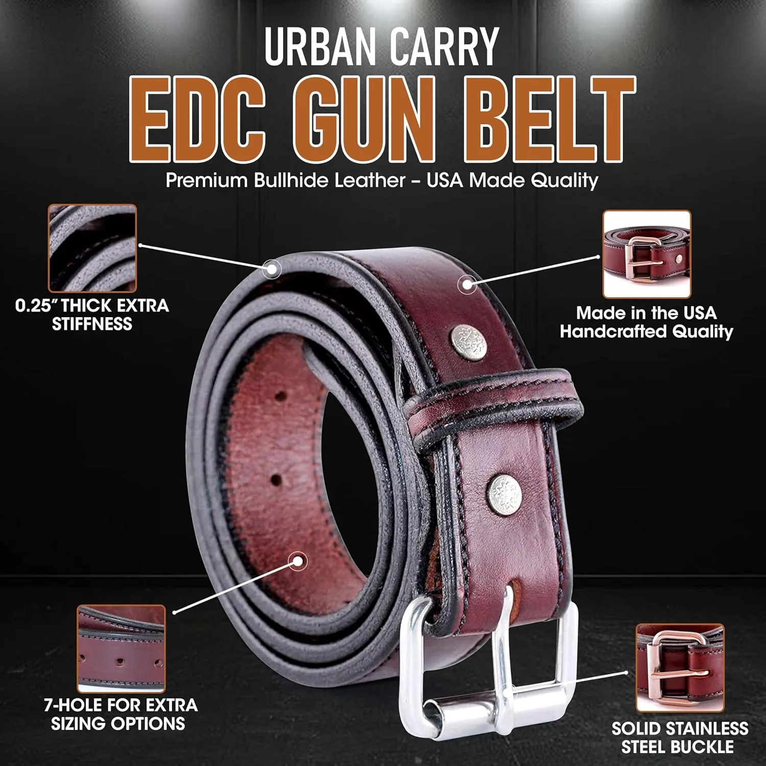 Urban Carry Premium EDC Belt - USA Made Bullhide Leather Concealed Carry Holster Belt | Single-Ply 1.5" Wide | Tactical CCW