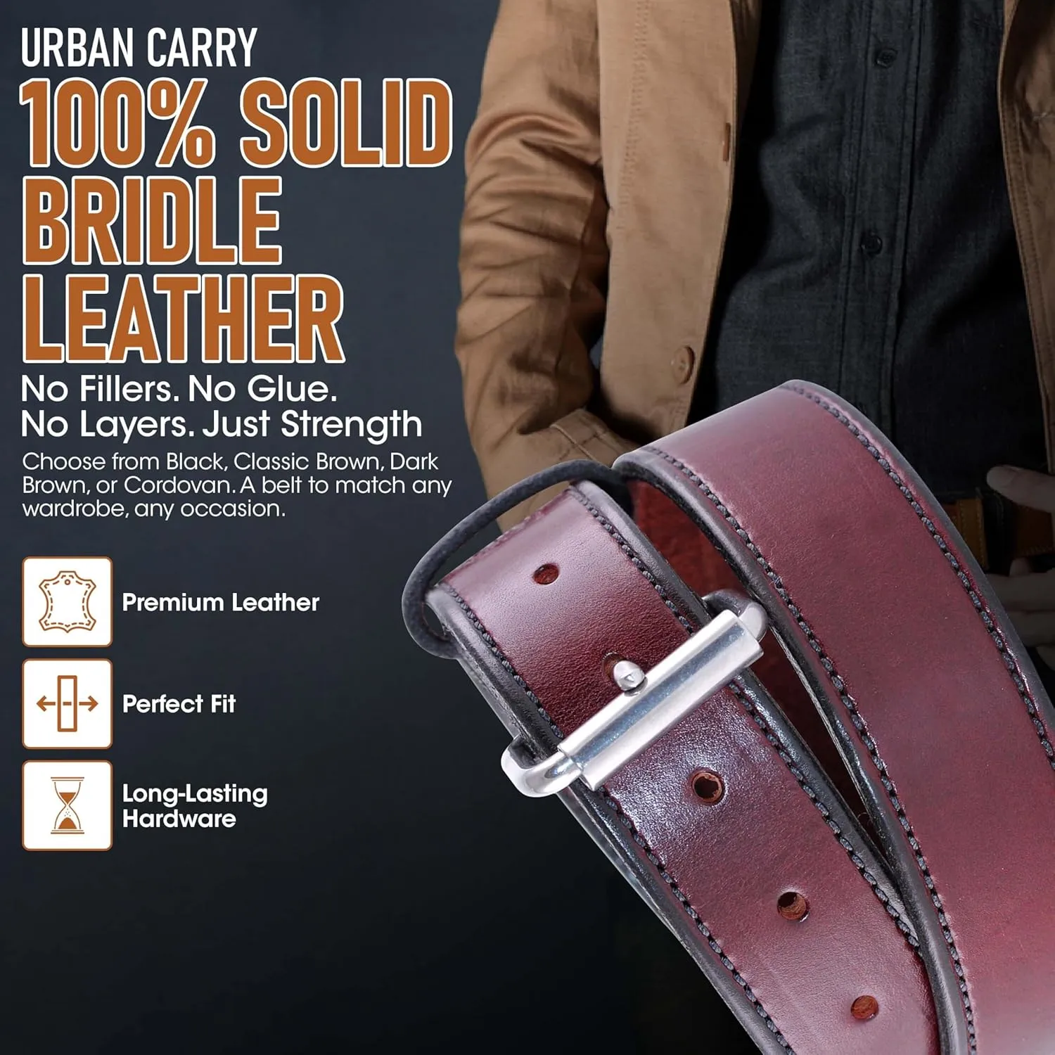 Urban Carry Premium EDC Belt - USA Made Bullhide Leather Concealed Carry Holster Belt | Single-Ply 1.5" Wide | Tactical CCW