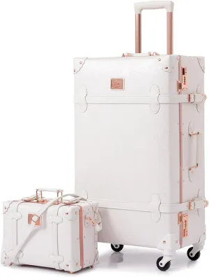 urecity Vintage Luggage Set, 2 Piece Retro Leather Suitcase for Women, Travel Luggage with Spinner Wheels and Beauty Case, Cute Designer Trunk Luggage (Rose White, 20" 12")