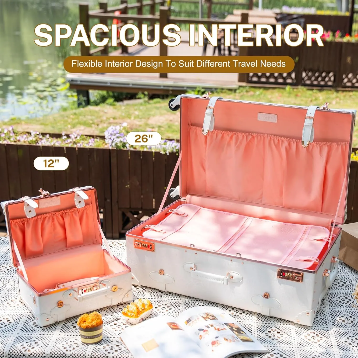 urecity Vintage Luggage Set, 2 Piece Retro Leather Suitcase for Women, Travel Luggage with Spinner Wheels and Beauty Case, Cute Designer Trunk Luggage (Rose White, 20" 12")
