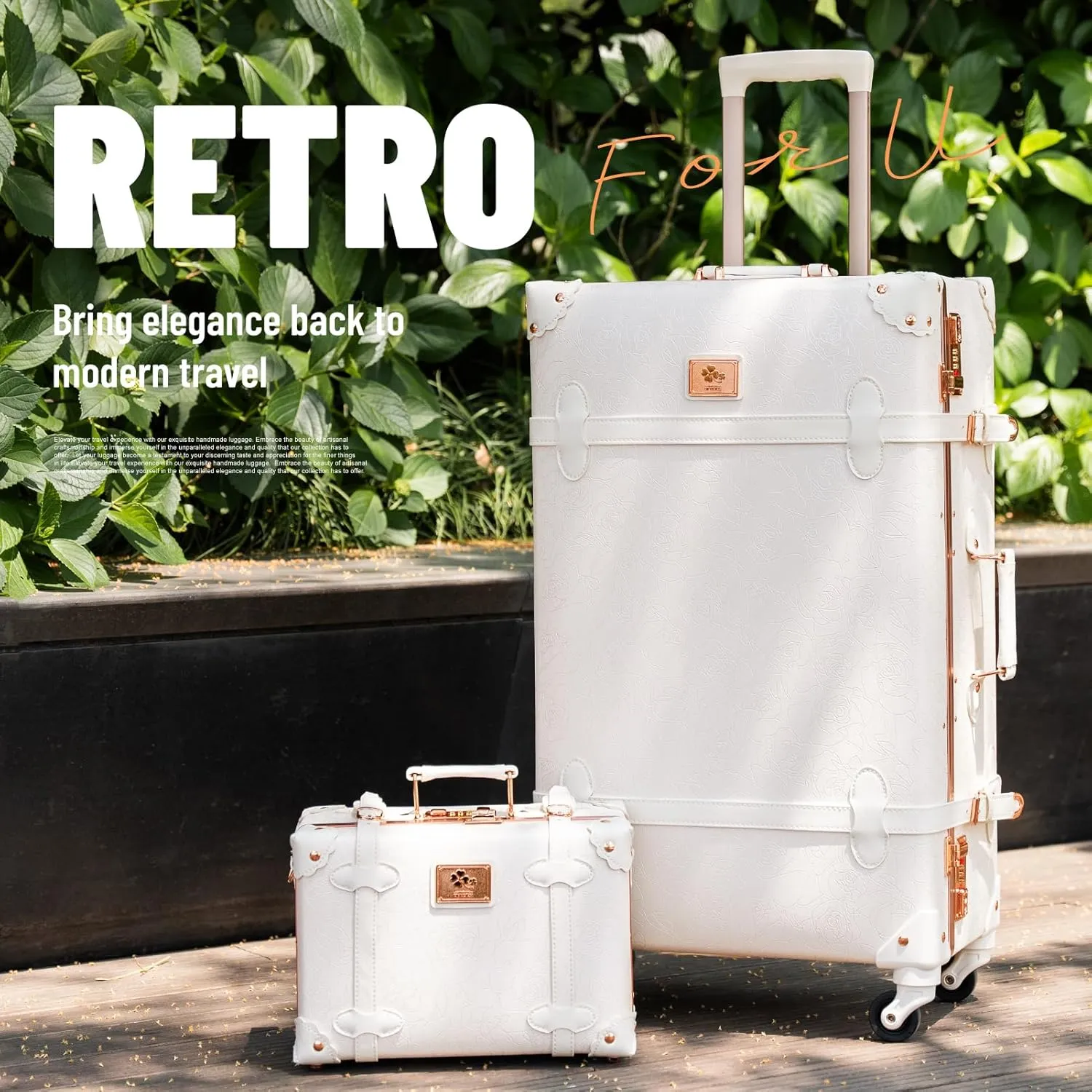urecity Vintage Luggage Set, 2 Piece Retro Leather Suitcase for Women, Travel Luggage with Spinner Wheels and Beauty Case, Cute Designer Trunk Luggage (Rose White, 20" 12")