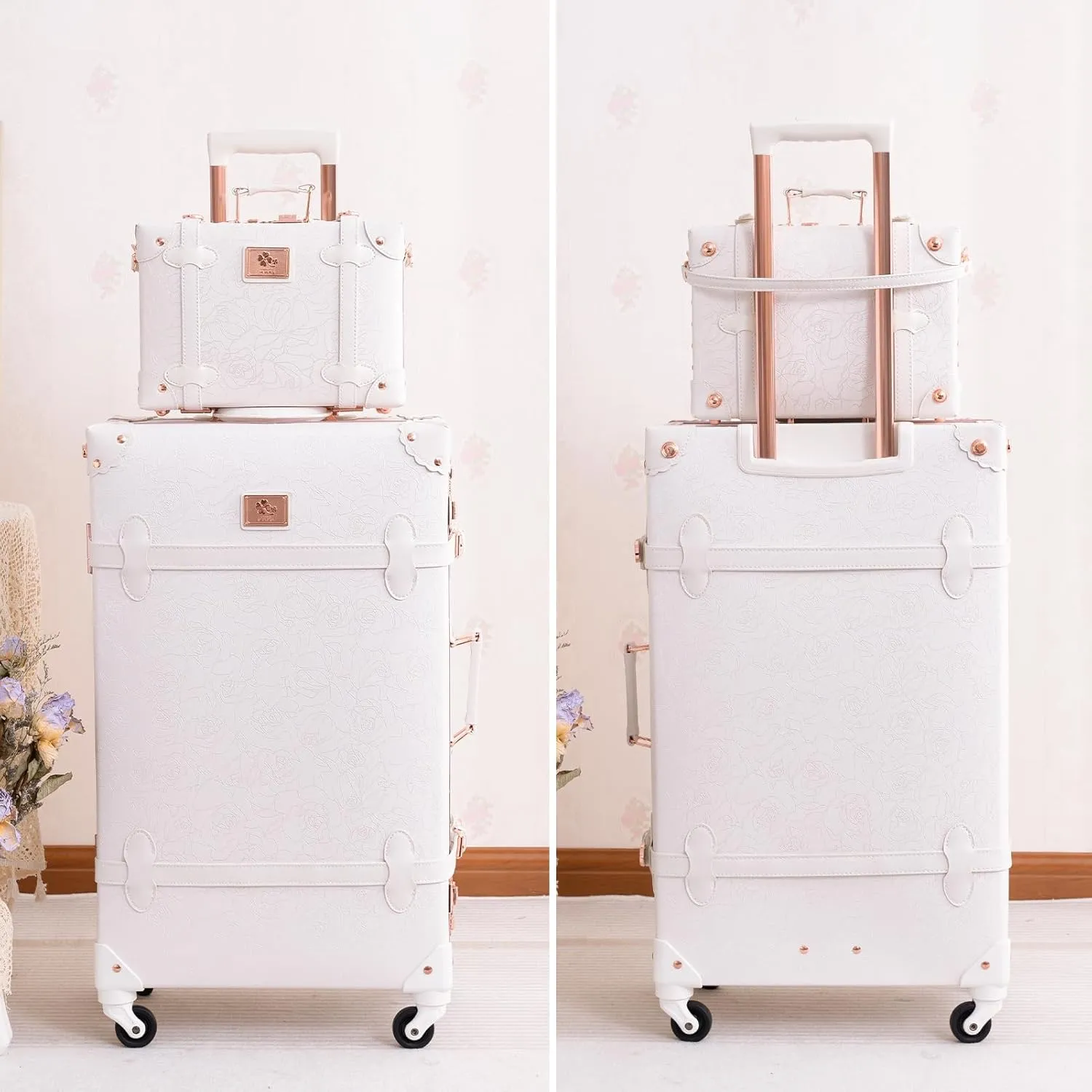 urecity Vintage Luggage Set, 2 Piece Retro Leather Suitcase for Women, Travel Luggage with Spinner Wheels and Beauty Case, Cute Designer Trunk Luggage (Rose White, 20" 12")