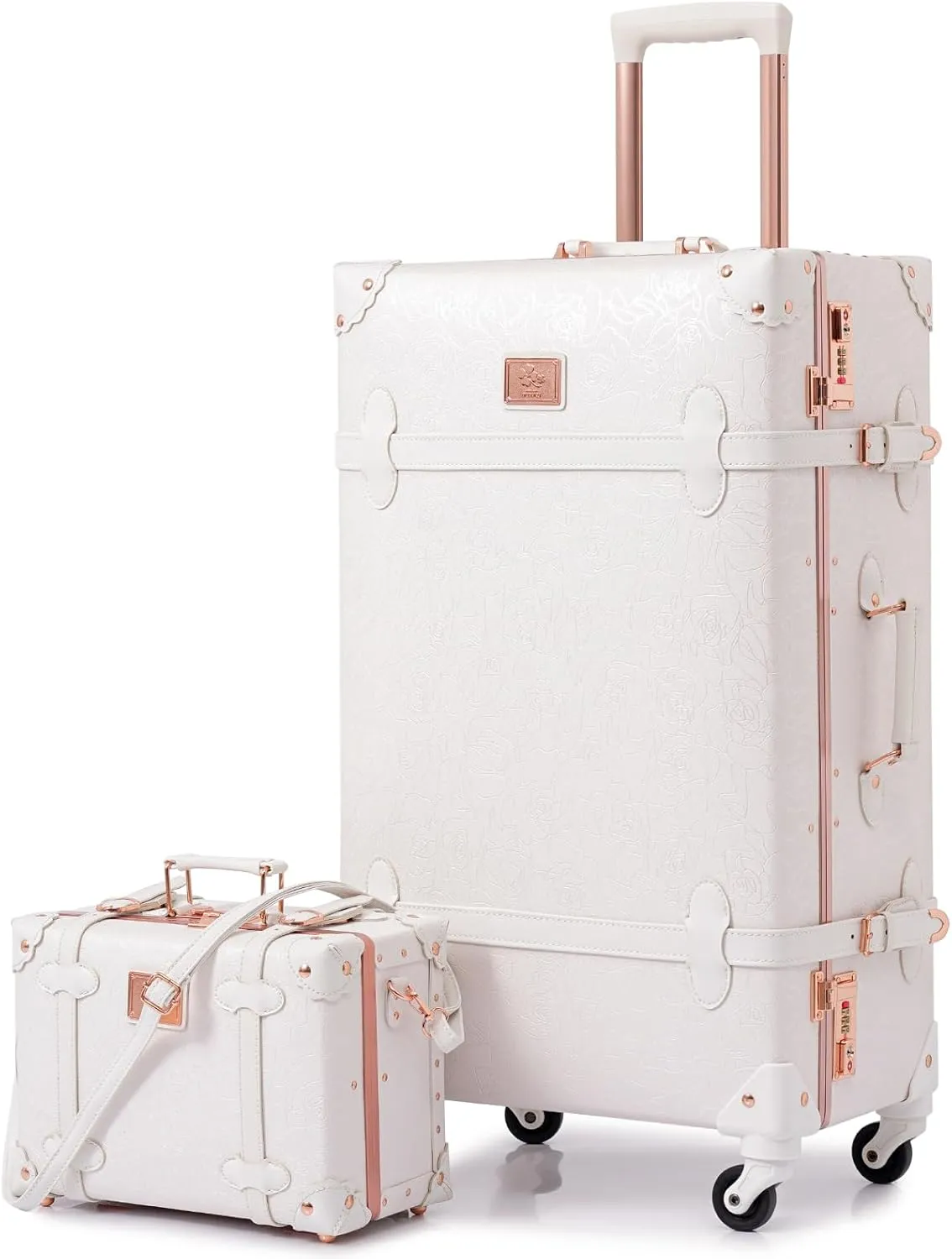 urecity Vintage Luggage Set, 2 Piece Retro Leather Suitcase for Women, Travel Luggage with Spinner Wheels and Beauty Case, Cute Designer Trunk Luggage (Rose White, 20" 12")