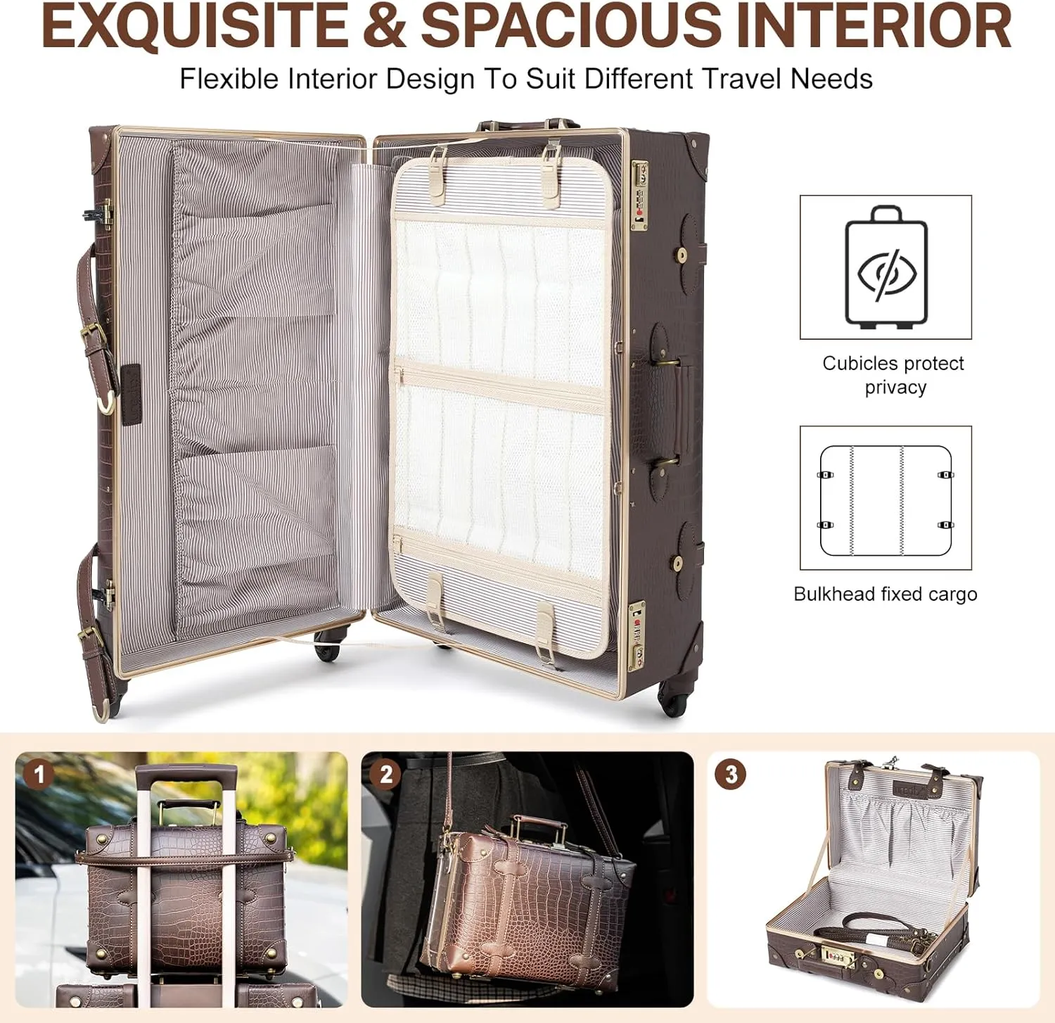 urecity Vintage Luggage Set of 2, Retro Suitcase Trunk with Wheels for Men and Women, Cute Designer Travel Luggage Set with Boarding Tote, Luggage Zipperless TSA Approved (20" 12", Brown)