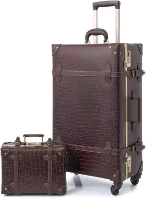 urecity Vintage Luggage Set of 2, Retro Suitcase Trunk with Wheels for Men and Women, Cute Designer Travel Luggage Set with Boarding Tote, Luggage Zipperless TSA Approved (20" 12", Brown)