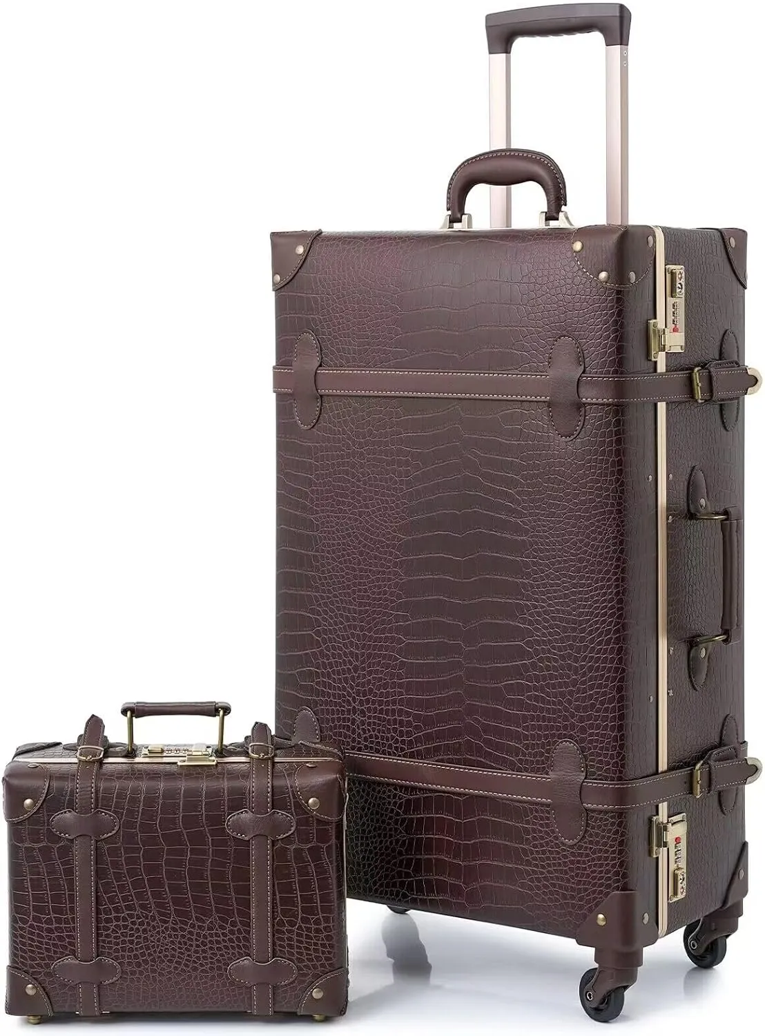 urecity Vintage Luggage Set of 2, Retro Suitcase Trunk with Wheels for Men and Women, Cute Designer Travel Luggage Set with Boarding Tote, Luggage Zipperless TSA Approved (20" 12", Brown)