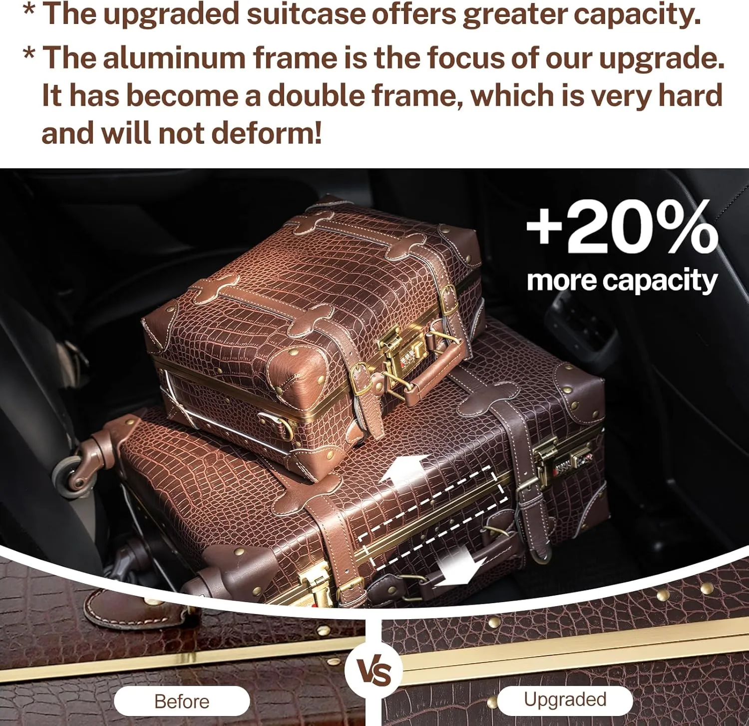 urecity Vintage Luggage Set of 2, Retro Suitcase Trunk with Wheels for Men and Women, Cute Designer Travel Luggage Set with Boarding Tote, Luggage Zipperless TSA Approved (20" 12", Brown)