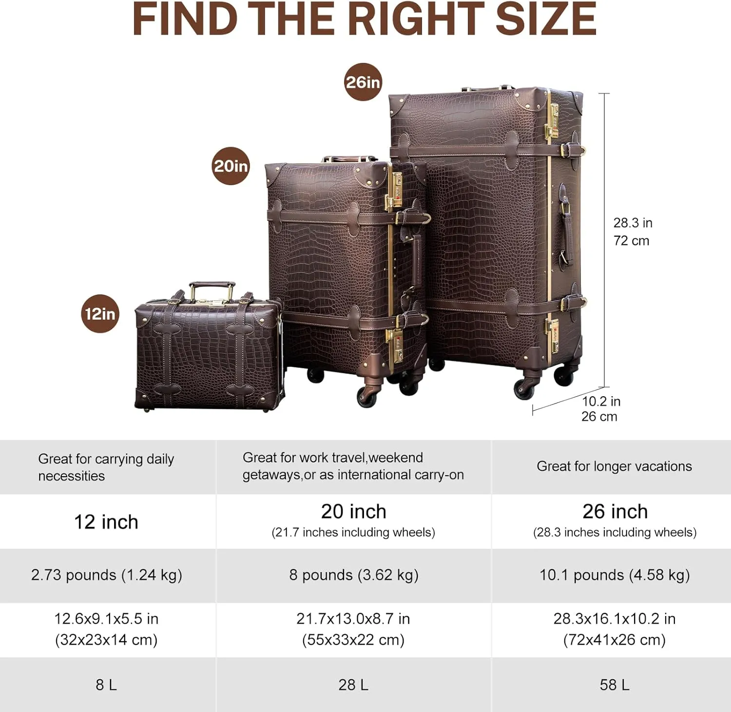 urecity Vintage Luggage Set of 2, Retro Suitcase Trunk with Wheels for Men and Women, Cute Designer Travel Luggage Set with Boarding Tote, Luggage Zipperless TSA Approved (Brown, 26" 12")