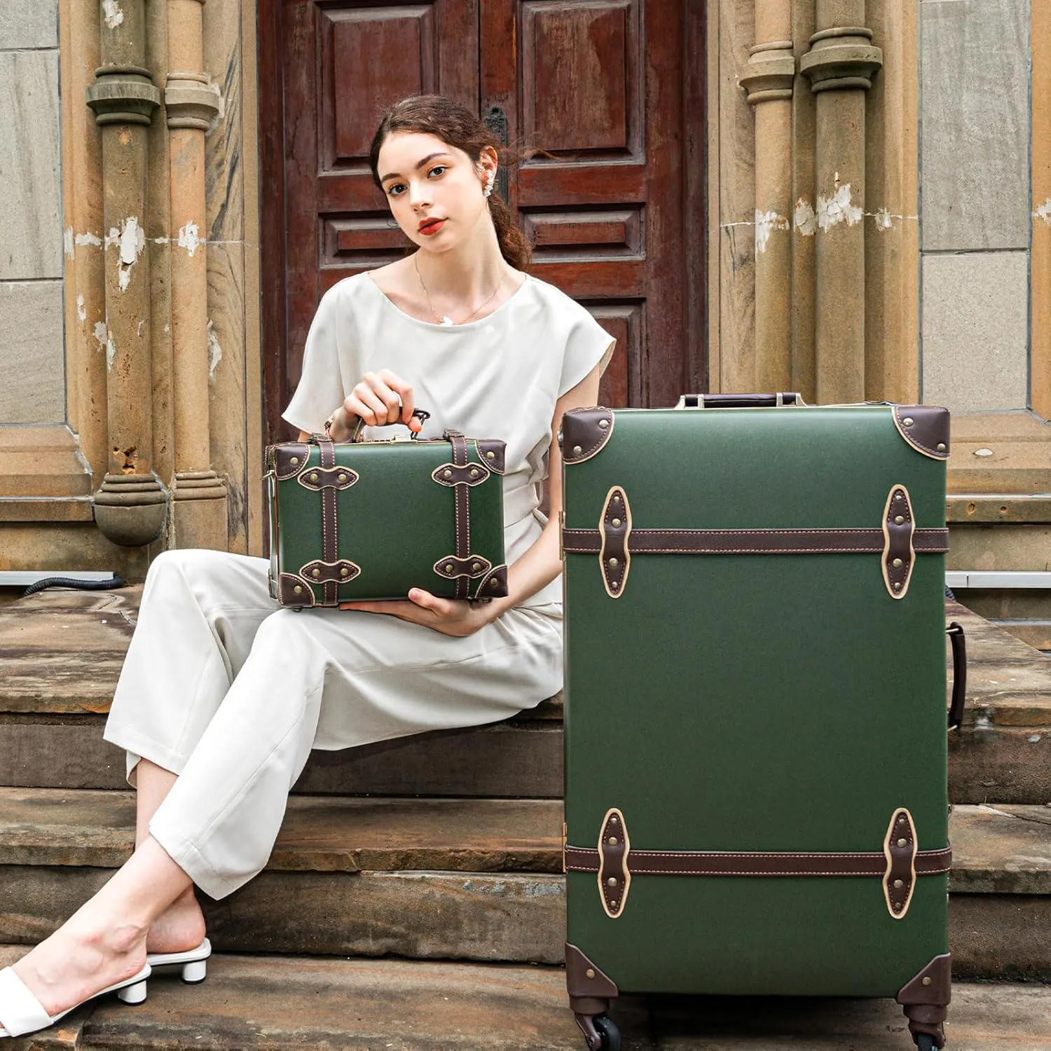 urecity Vintage Suitcase Set for Women, Vintage Luggage Sets for Women 2 Piece, Cute Designer Trunk Luggage, Retro Suit Case, Luggage Zipperless TSA Approved, Army Green, 20" 12"