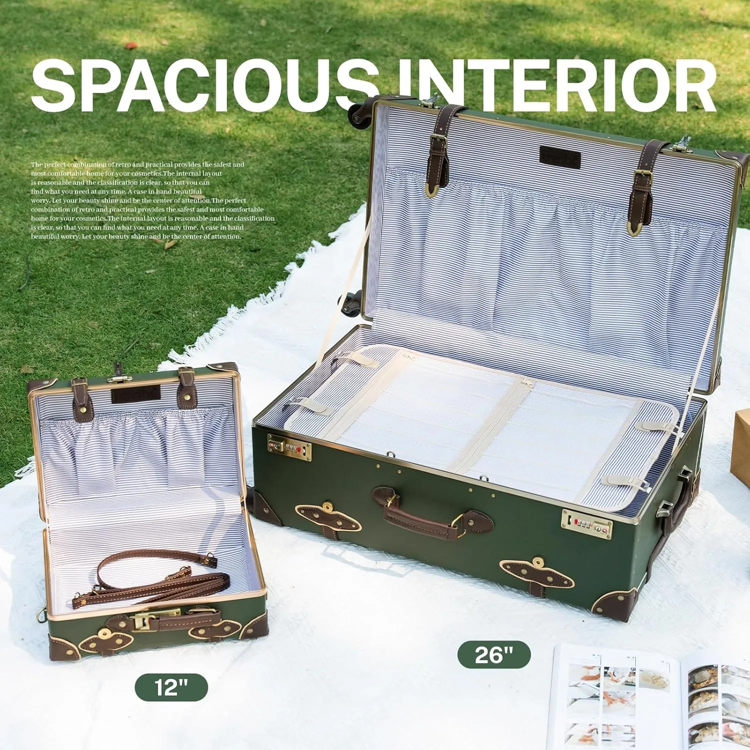 urecity Vintage Suitcase Set for Women, Vintage Luggage Sets for Women 2 Piece, Cute Designer Trunk Luggage, Retro Suit Case, Luggage Zipperless TSA Approved, Army Green, 20" 12"