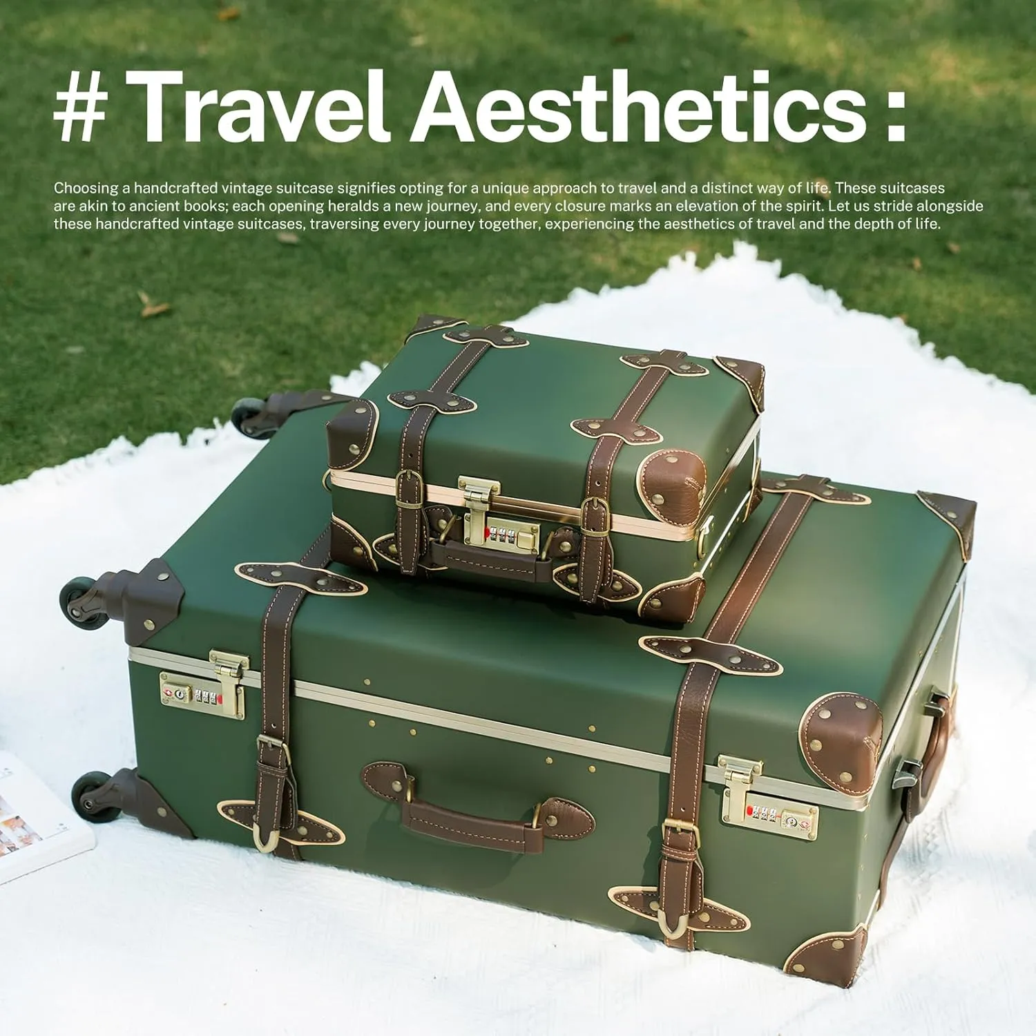 urecity Vintage Suitcase Set for Women, Vintage Luggage Sets for Women 2 Piece, Cute Designer Trunk Luggage, Retro Suit Case, Luggage Zipperless TSA Approved, Army Green, 20" 12"