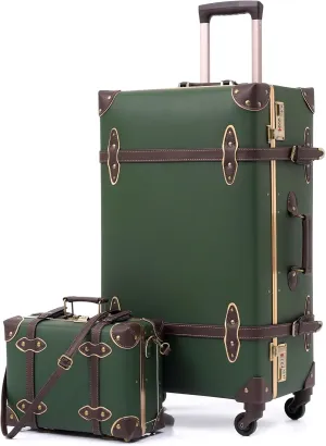 urecity Vintage Suitcase Set for Women, Vintage Luggage Sets for Women 2 Piece, Cute Designer Trunk Luggage, Retro Suit Case, Luggage Zipperless TSA Approved, Army Green, 20" 12"