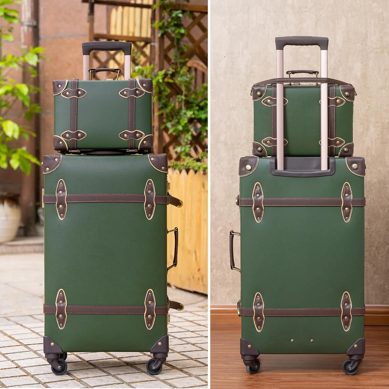 urecity Vintage Suitcase Set for Women, Vintage Luggage Sets for Women 2 Piece, Cute Designer Trunk Luggage, Retro Suit Case, Luggage Zipperless TSA Approved, Army Green, 20" 12"