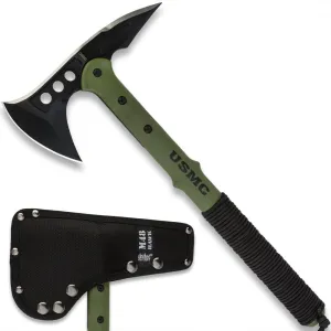 USMC Tactical Tomahawk | 2Cr13 Stainless Steel Head | 3 7/8" Blade and Curved Spike | Fiberglass and Nylon Reinforced Handle | Cord Handle Wrappings | Custom Blade Sheath | 15 1/2" Overall Length