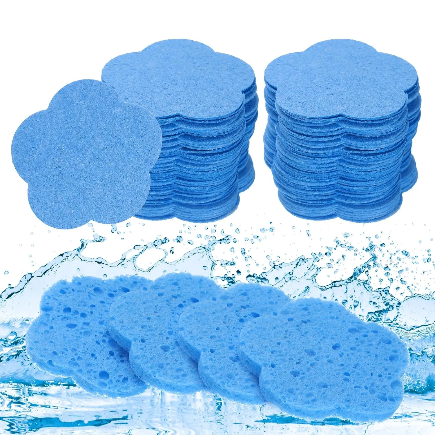 uxcell 120 Count Compressed Facial Sponges Flower Face Cleansing Sponges Pads for Daily Skincare Routines at Home, Kitchen, Travel, Blue
