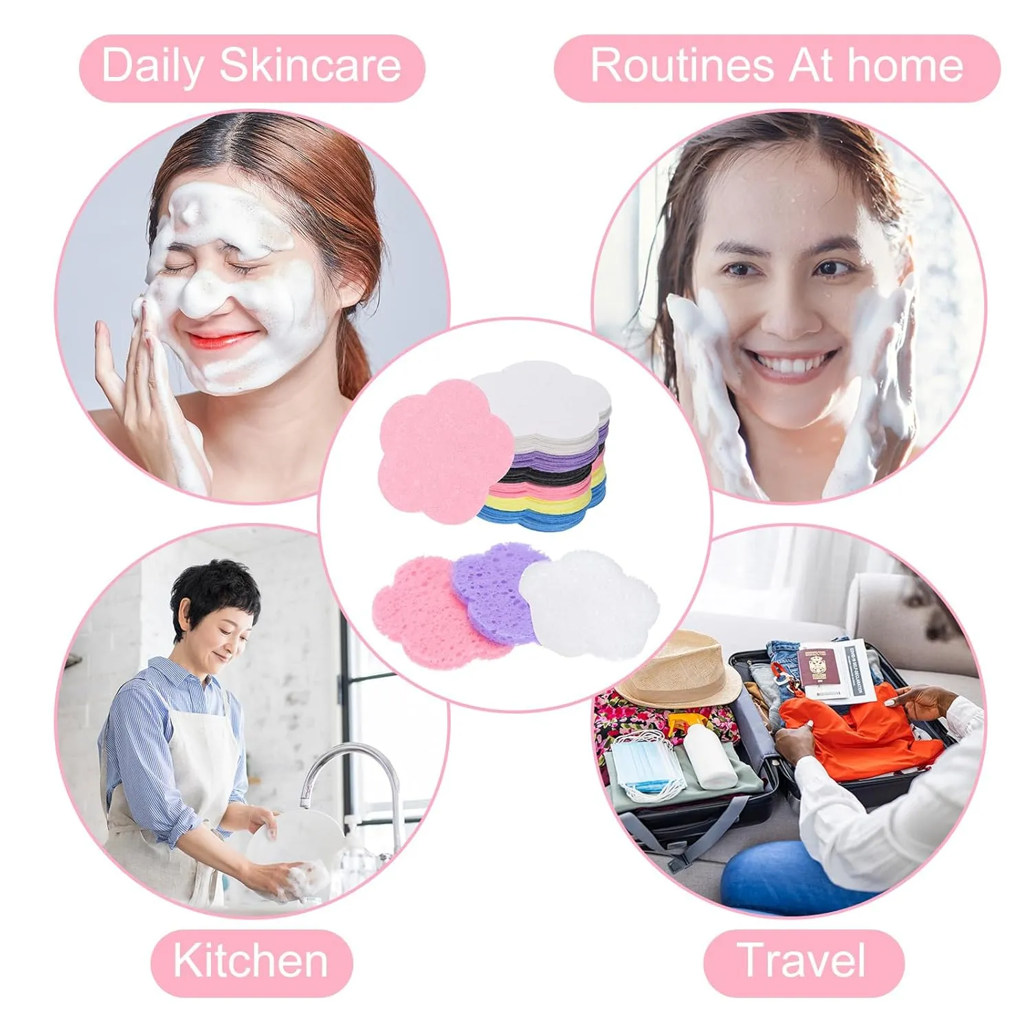 uxcell 120 Count Compressed Facial Sponges Flower Face Cleansing Sponges Pads for Daily Skincare Routines at Home, Kitchen, Travel, Blue