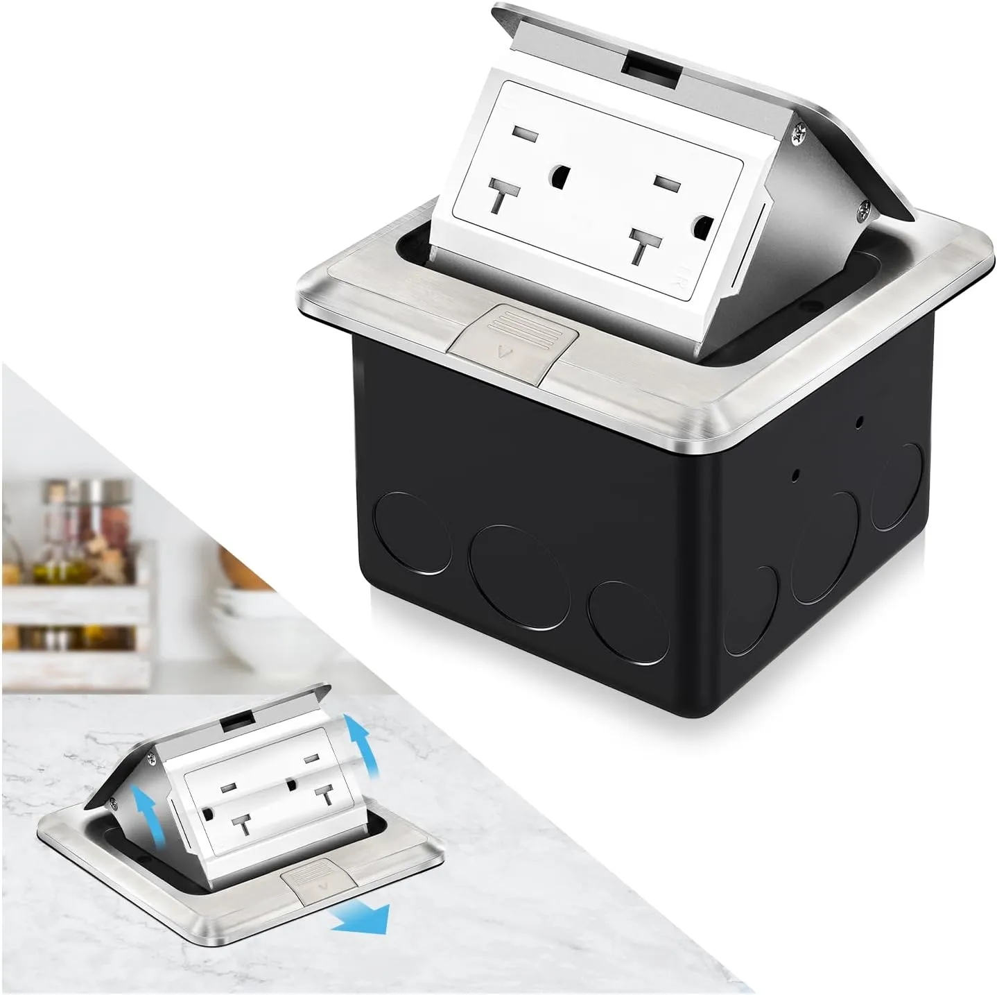 Vagueior Recessed Floor Electrical Outlet Kit,Waterproof Electrical Outlet Covcer Box,Hidden 20A Tamper-Resistant Receptacle Outlet with Slow Elastic Damping，ETL Certified,Stainless Steel (1 Pack)