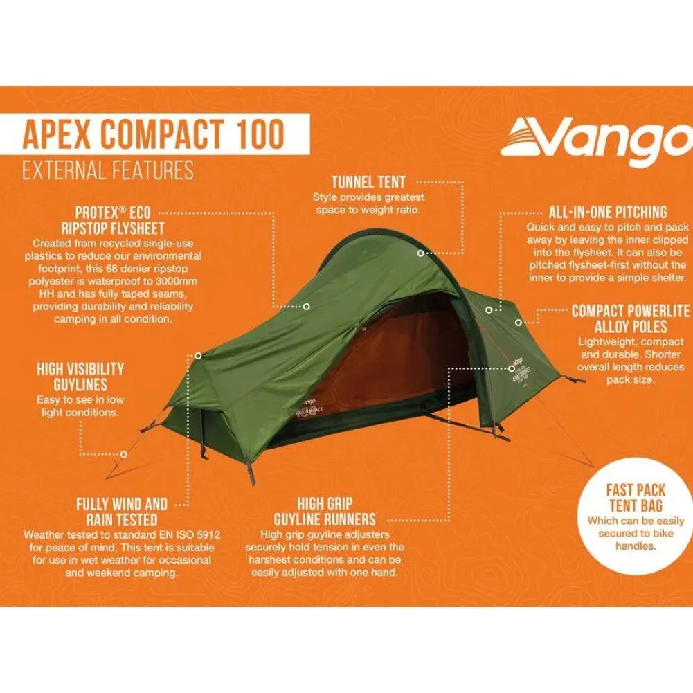 Vango Apex Compact 100 Tent - 1 Man Lightweight Tent (Forest Green)