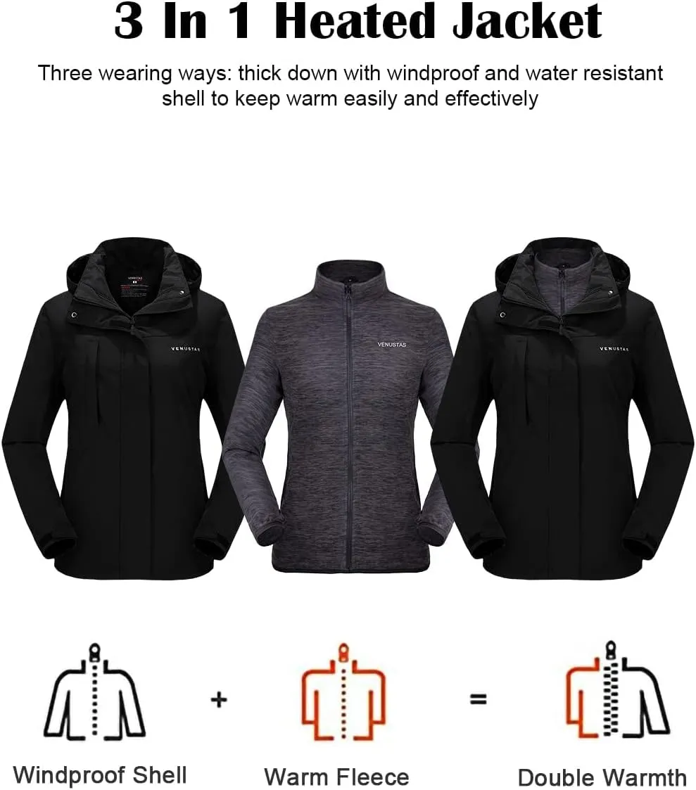 Venustas Women’s 3-in-1 Heated Jacket with Battery, Waterproof Jacket with Hood for Skiing