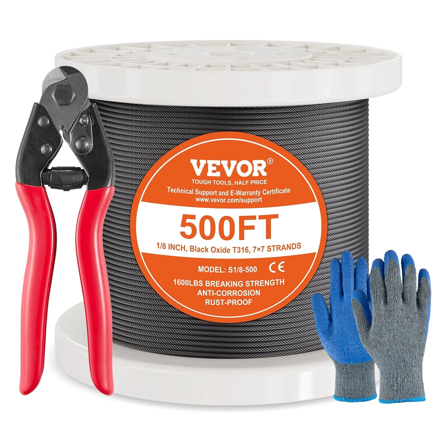 VEVOR 1/8 Black Stainless Steel Cable, 500 FT 316 Black Cable Railing Kit, Cable Railing System Wire Rope with Cutter & Gloves, 7x7 Strands Core Marine Aircraft Cable for Handrail Stair Deck Fence