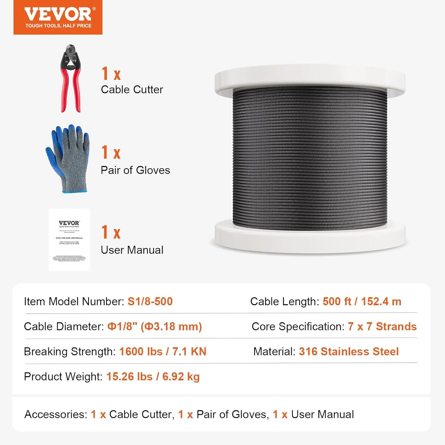 VEVOR 1/8 Black Stainless Steel Cable, 500 FT 316 Black Cable Railing Kit, Cable Railing System Wire Rope with Cutter & Gloves, 7x7 Strands Core Marine Aircraft Cable for Handrail Stair Deck Fence